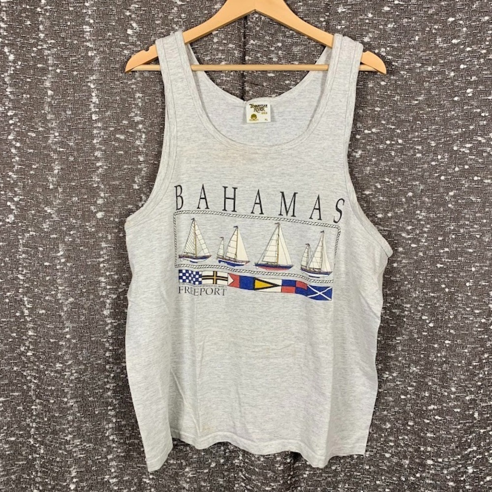 Tn River Bahamas Freeport Tank Top Mens XL Gray Sailboat Graphic‎ Nautical Flags